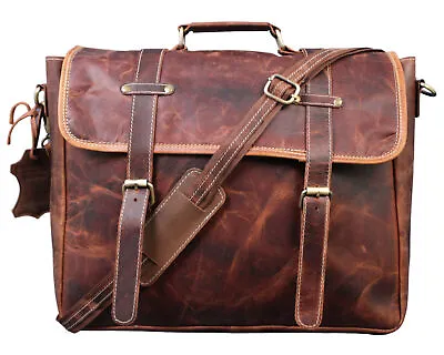 Genuine Leather Laptop Bag Brown Shoulder Messenger Crossbody Business Briefcase • $108.98