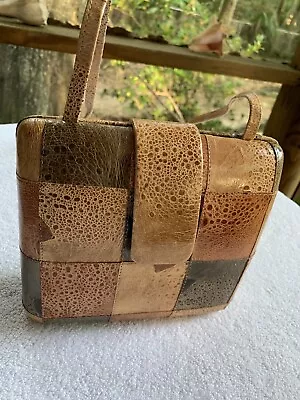 VTG Handbag Shoulder Genuine Leather Hardshell Patchwork Tan Brown Crossbody • $31.49