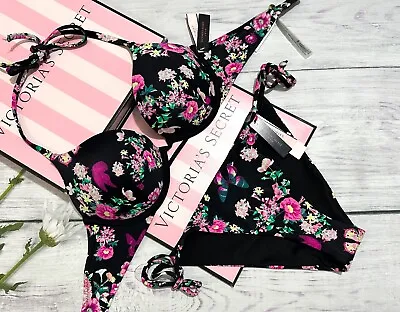 Victorias Secret 2pc Swim Set BOMBSHELL Push-up Add 2 Cups Cheeky Floral Black • $82.81