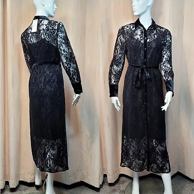 M&S AUTOGRAPH Velvet Silk LACE Midi SHIRT DRESS ~ Size 8 ~ BLACK • £29.99