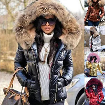 Womens Winter Warm Quilted Padded Parka Short Fur Collar Hooded Coat Jacket • £23.99