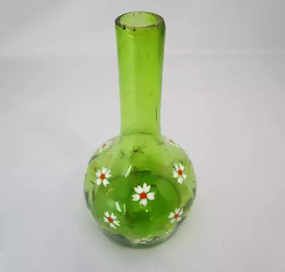 Vintage Barber Bottle Light Green Optic Glass Hand Painted Flowers Rough Pontil • $35.95