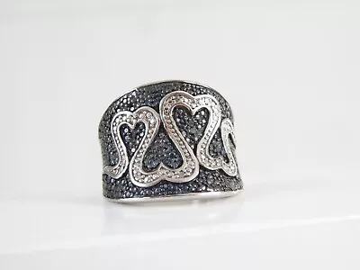 Vintage Sterling Silver 925 Black White Diamond Illusion Wide Band Ring Size 8 • $68