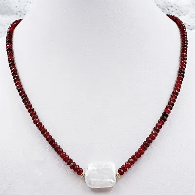 Faceted 2x4mm Red Garnet Natural 15x20mm White Baroque Pearl Pendant Necklace • $6.43