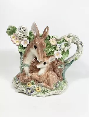 Fitz & Floyd Woodland Spring Pitcher Ceramic Doe Fawn Deer Owl Rabbit • $46.99