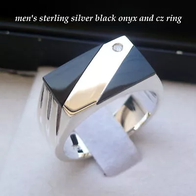 Men's 925 Sterling Silver Black Onyx & Cz Ring Sz 9 -13 Free Shipping • $67.49