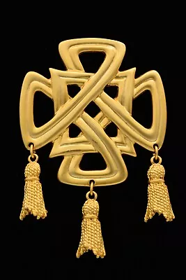 Vintage Celtic Knot Pin Brooch Tassel Dangle Brushed Gold Matte Chunky NOS Bin7 • $31.96