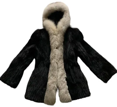 Vintage Saga Mink Hooded Fur Coat M Dark Brown Denmark Fur • $379