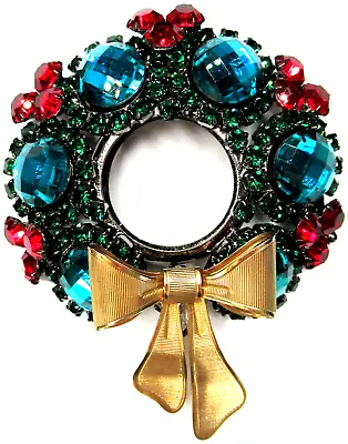 LAWRENCE VRBA Green & Red Rhinestone Golden Bow Christmas Wreath Pin Brooch • $399.99