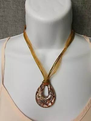 MURANO Style Glass Tear Drop Pendant Brown Silver Copper Ribbon Necklace • $7