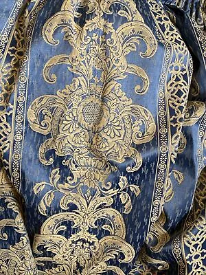 Vintage Heavy Lined Satin Curtains Blue Damask Brocade Jacquard Luxury ODD • £50