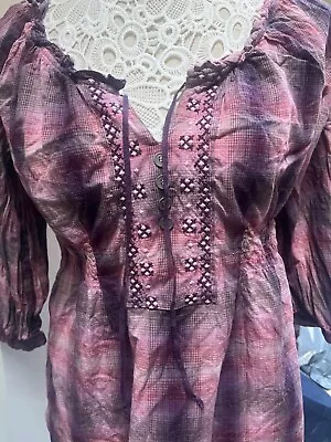 BHS Vanilla Sands Pink Lilac Red Grey Check Tunic Top Blouse Size 14 Cotton 3/4 • £14