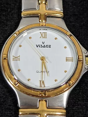 Visage White Dial Round Case Two Tone Link Band Watch 7.25 Inch Woman • $13.99