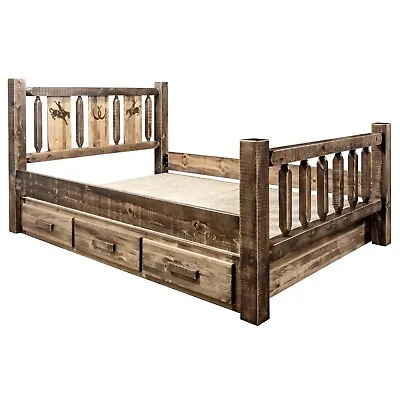 Rustic Storage Bed With Drawers Farmhouse QUEEN Western  Etched Unique Bear Deer • $2666.31