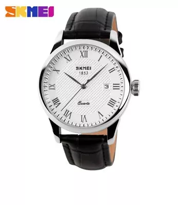 Mens Business Watch With Box Leather Band Roman Numeral Date Waterresistant 3ATM • £13.99