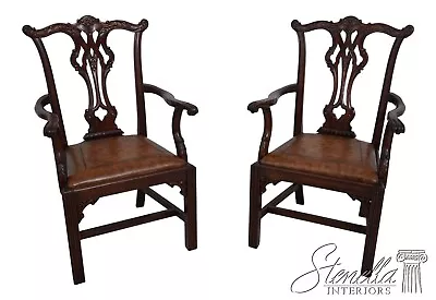 L63402EC: Pair Chippendale Carved Mahogany Armchairs W. Leather Seats • $1095