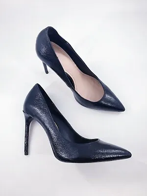 Zara Size 3 (36) Black Faux Leather Slip On Stiletto Heel Court Shoes • £18