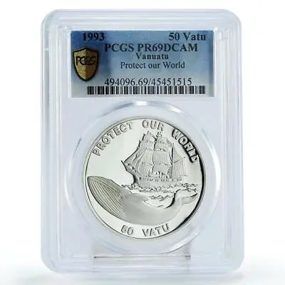 Vanuatu 50 Vatu Protect Our World Fauna Whale Ship PR69 PCGS Silver Coin 1993 • $224.54