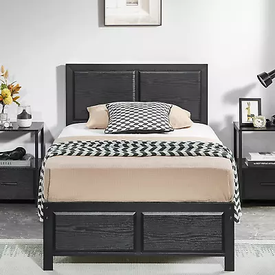 Twin Size Platform Bed Frame With Black Wood Headboard Mattress Foundation Str • $150.70