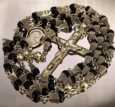 CREED ROSARY - STERLING SILVER & BLACK FACETED BEADS - 23.5  L - 37g - WONDERFUL • $175