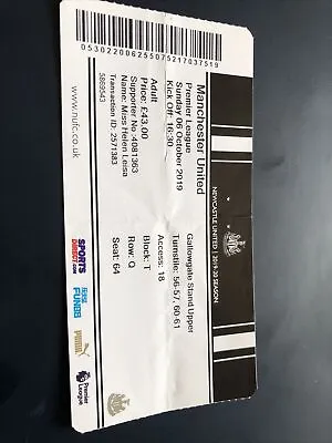 Newcastle Utd V Manchester Utd League 6th Oct 2019….Match Ticket • £1