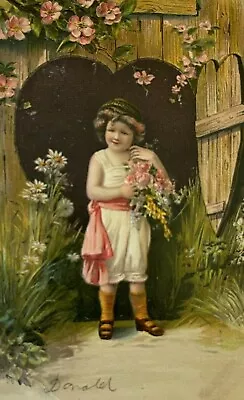 Vintage VALENTINE CUPID Little Girl Holding FlowersPostcard EMBOSSED  • $4