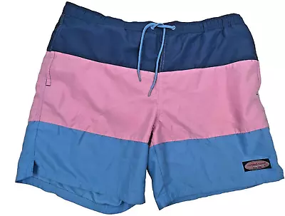 Vineyard Vines Chappy Swim Trunks 7” Inseam Blue Pink Mens Large Board Shorts • $22