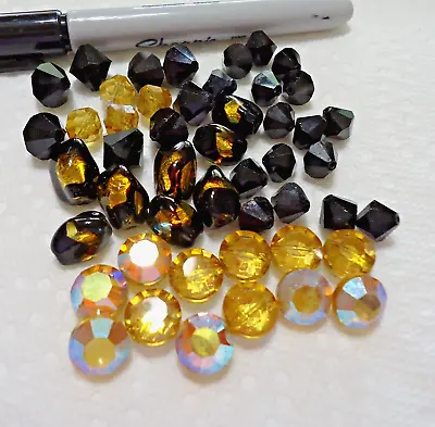 48 Vintage Czech Glass Beads Lot Jet Black Amber Topaz & Foil Lampwork • $12.75