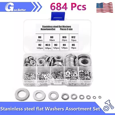 684 Pcs 304 Stainless Steel Flat Washer Assortment Kit M2 - M12 Washers Metric • $17.13