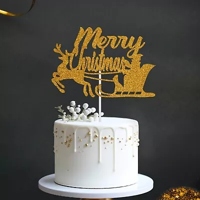 Merry Christmas Cake Topper With Glitter In Red Gold Silver Cake Decor Christmas • £2.97