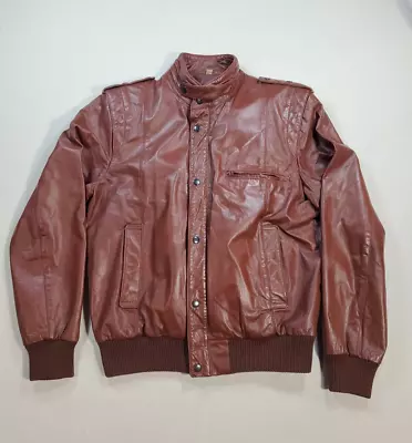 Vintage CHESS KING Leather Jacket Size 38 Red Brown Satin Lined Biker Moto • $24.99