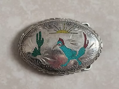 Vintage Western Turquoise Coral Inlay Roadrunner Nickel Silver Belt Buckle  • $35