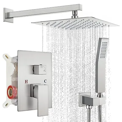 Brushed Nickel Shower Faucet Set With Valve Handle Rain Shower Head Combo System • $69