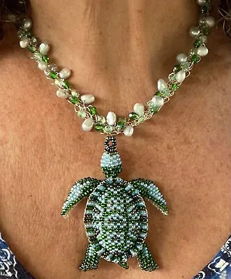 Honu Sea Turtle Beaded Pendant On Pearl And Crystal Necklace • $125