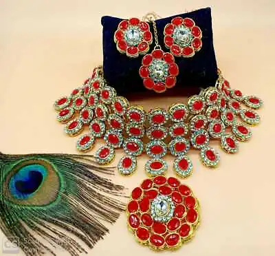 Indian Kundan Pearl Necklace Earrings Tikka Bollywood Bridal Jewelry Set • $17.49