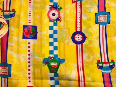 £27.39 • Buy VTG Cranston Fabric 1980s Colors Flamingo Digital Clocks Cars On Yellow 2Yx58 