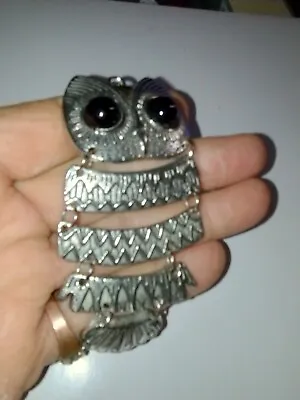 Vintage OWL Dangling Pendant Silver Plate 4'' X 1.5 BLACK GLASS EYES • $4.40