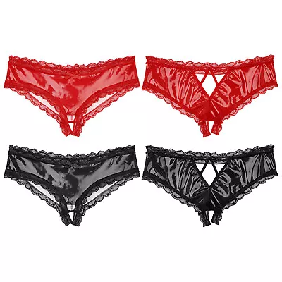 Men Latex PVC Faux Leather Briefs Sexy Sissy Open Crotch Thongs Panties Clubwear • £9.95