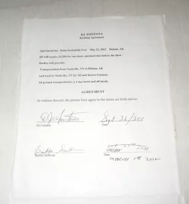 DJ Fontana Signed Contract 2012 Delta Rockabilly Fest - Elvis Presley • $187.50