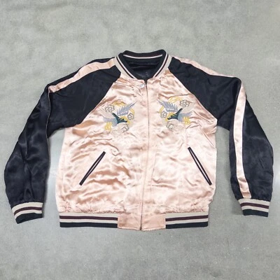 $21.59 • Buy Zara Jacket Womens Small Black Pink Embroidered Okinawa Reversible Bomber Soft