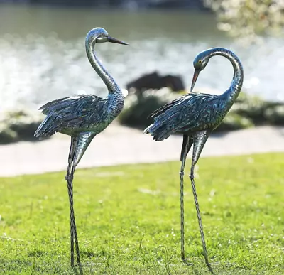 Blue Heron Decoy Garden Sculptures And Statues Metal Bird Yard Art Set Of 2 • $79.99