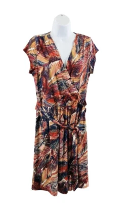 $17.99 • Buy Women Red Blue Tan Size L  Fit & Flare Dress V Neck Print Short Sleeves Career