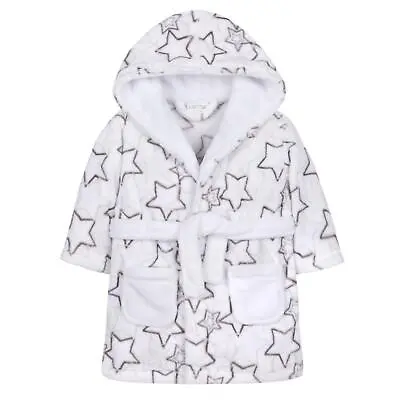 Baby Dressing Gown Soft Fleece White Star Print Hooded Bath Robe (0-24 Months) • £12.99