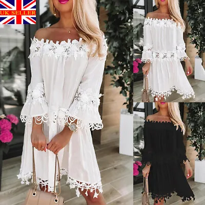 Ladies Off Shoulder Lace Boho Mini Dress Women's Summer Holiday Casual Sundress • £23.99