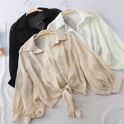 £16.09 • Buy Womens Chiffon Shirt Ladies Open Front Tie Up Bolero Shrug Cropped Blouse Top