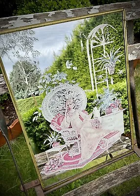 Vintage Retro BOHO LADY ON PEACOCK CHAIR Transfer Print MIRROR 38x28cm ~ 1970s • $29.95