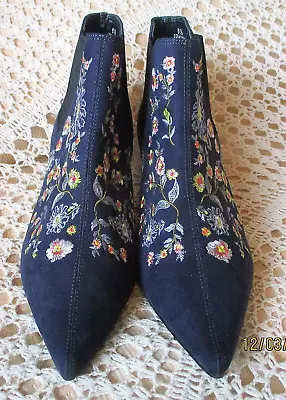 Dark Blue Mock Suede Dress Boots By M&S INSOLIA Size 6.5 (40) Floral Embroidery • £11.99