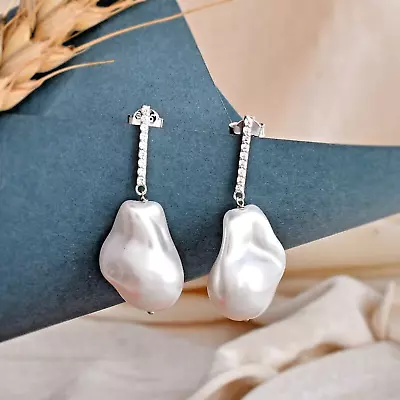 925 Sterling Silver Freshwater Pearls & Cubic Zirconia Dangle Drop Earrings • $44.66