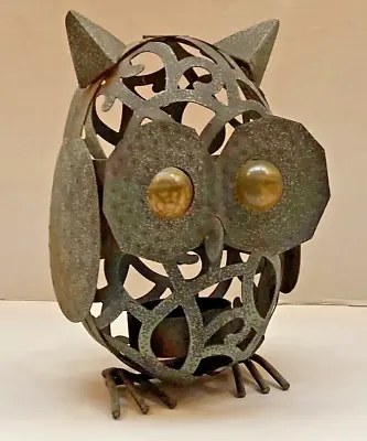 Vtg Metal Rustic Glowing Eyes Steampunk Owl Art Figure Candle Holder Lantern 10” • $24.99