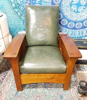 Stickley Bow Arm Morris Chair Cherry Wood Leather Cushions Vintage • $1699